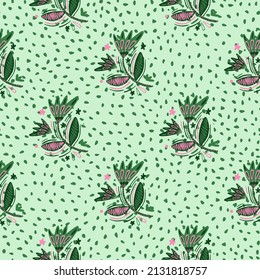 Seamless pattern with flowers and leaves. Abstract floral wallpaper. Folk style. Naive art. Design for fabric, textile print, surface, wrapping, cover, greeting card. Vector illustration