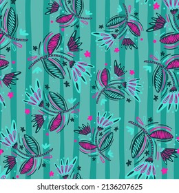 Patrón sin foco con flores y hojas. Resumen de papel de pared de flores. Estilo popular. Arte naïf. Diseño para tela, impresión textil, superficie, envoltura, cubierta, tarjeta de saludo. Ilustración del vector