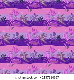 Seamless pattern with flowers and leaves. Abstract floral wallpaper. Folk style. Naive art. Design for fabric, textile print, surface, wrapping, cover, greeting card. Vector illustration