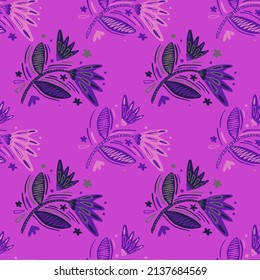 Seamless pattern with flowers and leaves. Abstract floral wallpaper. Folk style. Naive art. Design for fabric, textile print, surface, wrapping, cover, greeting card. Vector illustration