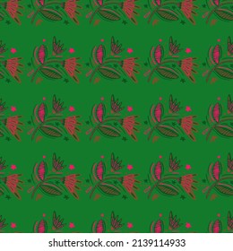 Seamless pattern with flowers and leaves. Abstract floral wallpaper. Folk style. Naive art. Design for fabric, textile print, surface, wrapping, cover, greeting card. Vector illustration