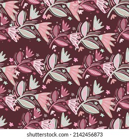 Seamless pattern with flowers and leaves. Abstract floral wallpaper. Folk style. Naive art. Design for fabric, textile print, surface, wrapping, cover, greeting card. Vector illustration