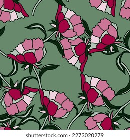 Seamless pattern with flowers and leaves. Abstract floral wallpaper. Design for fabric, textile print, surface, wrapping, cover, greeting card. Vector illustration