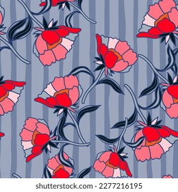 Seamless pattern with flowers and leaves. Abstract floral wallpaper. Design for fabric, textile print, surface, wrapping, cover, greeting card. Vector illustration