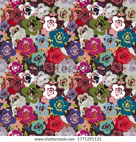 Seamless pattern with flowers, leaves. Abstract floral background. Summer print. Fabric design, wallpaper
