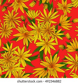 Seamless pattern of flowers and leaves of artichoke on a pink background. Vector illustration.