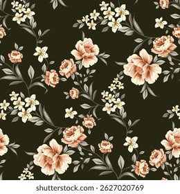Um padrão sem emenda de flores e folhas. O fundo é verde-oliva escuro profundo ou preto. As flores são cor-de-rosa-pêssego ou coral, cor branca, com reflexos bege claro ou creme.