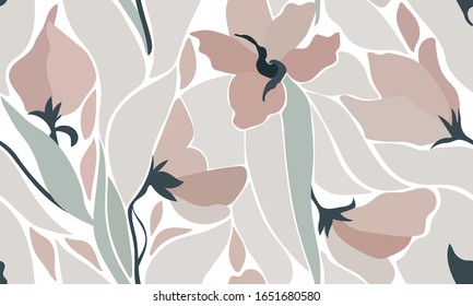 Seamless pattern with flowers and leaves. Beautiful summer print