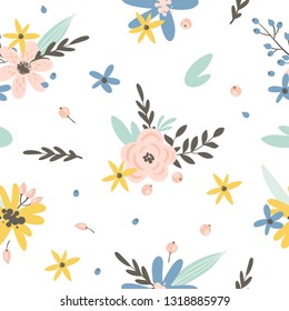 Seamless pattern with flowers, leaves and berries. Vector spring template. Design for paper, cover, fabric, interior decor