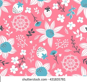 Seamless pattern with flowers, leaves, berries and lace. Endless background. Stylish fabric design. Vector summer template.