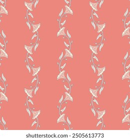 Patrón sin fisuras con flores y hojas de planta de algas. Plantilla con flores silvestres de gloria matutina para estampados de moda. Fondo rosa. Ilustración vectorial