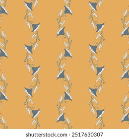 Patrón sin fisuras con flores y hojas de planta de algas. Plantilla con flores silvestres de gloria matutina para estampados de moda. Fondo amarillo. Ilustración vectorial