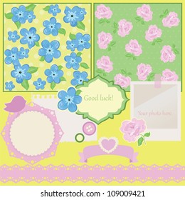 Seamless pattern with flowers, leaves and bird