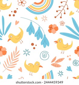 Patrón sin costuras con flores, hojas, pájaros, corazones y arco iris sobre un fondo blanco. Ilustración vectorial para textil, Fondo de pantalla, envoltura.