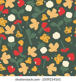 Seamless pattern with flowers, leaves, birds on green background. Vector illustration