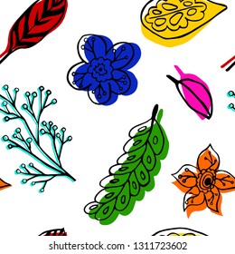 Seamless pattern with flowers and leaves with a black outline and colored shadow isolated on white background. Doodle style. EPS10 Bright juicy colors: yellow, orange, red, blue, green, 