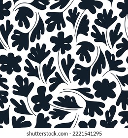 Patrón sin foco con flores y hojas. las siluetas negras son contornos. Ornamento monocromo hecho a mano con flores rayadas. Dibujando plantas silvestres, hierbas y flores. Resumen del fondo botánico.