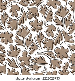 Seamless pattern with flowers and leaves. black outlines and beige silhouettes. Monochrome handmade ornament with striped flowers. Drawing wild plants, herbs and flowers. Abstract botanical background