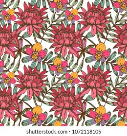 Seamless pattern with flowers, leaves. Botanical background texture. Wallpaper