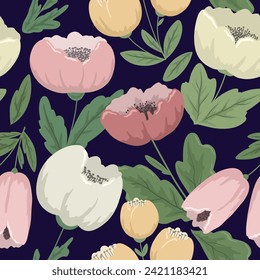Patrón sin foco con flores y hojas. Ilustración botánica. Vector