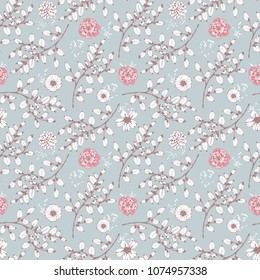Seamless pattern with flowers, leaves, branches. Floral background texture. Fabric design