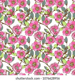 Seamless pattern with flowers, leaves,  branches. Floral background. Summer print. Fabric design