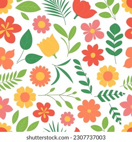 Seamless pattern with flowers, leaves and branches. Floral background with different flower heads, green foliage and plants. Botanical texture. Vector flat illustration on white