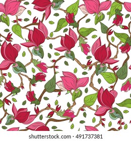 Seamless pattern of flowers and leaves of the branches. very detailed doodles