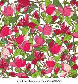 Seamless pattern of flowers and leaves of the branches. very detailed doodles