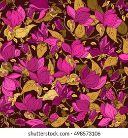Seamless pattern of flowers and leaves of the branches. very detailed doodles