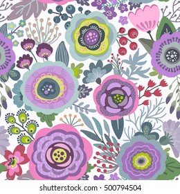 Seamless pattern with flowers, leaves, branches and berries. Vector colorful endless floral background. The elegant illustration for fashion prints, fabric, scrapbook