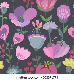 Seamless pattern with flowers, leaves, branches and berries. Vector colorful endless floral background. The elegant illustration for fashion prints, fabric, scrapbook.