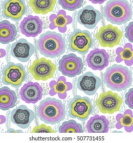 Seamless pattern with flowers, leaves, branches. Vector colorful endless floral background. The elegant illustration for fashion prints, fabric, scrapbook