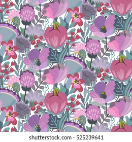 Seamless pattern with flowers, leaves, branches and berries. Vector colorful endless floral background. The elegant illustration for fashion prints, fabric, scrapbook.
