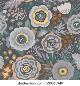 Seamless pattern with flowers, leaves, branches and berries. Vector colorful endless floral background. The elegant illustration for fashion prints, fabric, scrapbook.