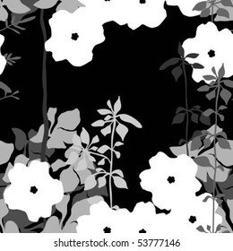 Seamless pattern with flowers and leaves and branches on black background