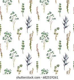 Seamless pattern: flowers, leaves and branches, Imitation of watercolor, isolated on white. Sketched wreath, floral and herbs garland. Handdrawn Vector Watercolour style, nature illustration.