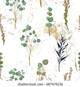 Seamless pattern: flowers, leaves and branches, Imitation of watercolor, isolated on white. Sketched wreath, floral and herbs garland. Handdrawn Vector Watercolour style, nature illustration.