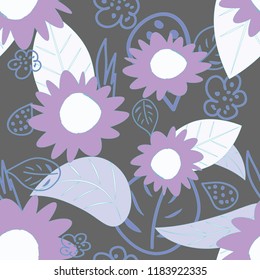 Seamless pattern with flowers and leaves, braun- purple colors, scandinavian style. Vector illustration