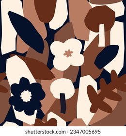 Seamless pattern of flowers and leaves in brown and navy colors