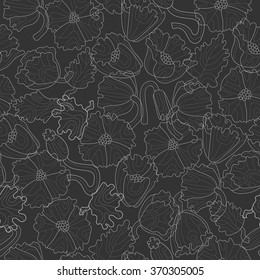Seamless pattern with flowers , leaves and buds of poppies contour