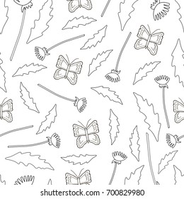 Seamless pattern with the flowers, leaves and butterflies. Black and white vector illustration