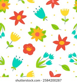 Seamless pattern of flowers and leaves in cartoon style, perfect for spring designs and illustrations.