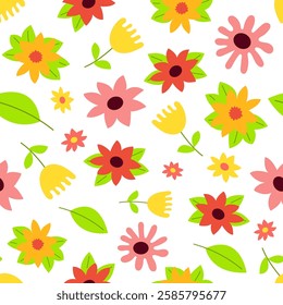 Seamless pattern of flowers and leaves in cartoon style, perfect for spring designs and illustrations.