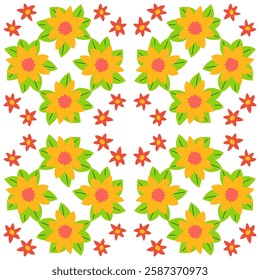 Seamless pattern of flowers and leaves in cartoon style, perfect for spring designs and illustrations.