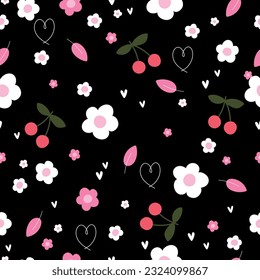 Seamless pattern with flowers, leaves, cherry and hearts on black background. Vectoe illustration.