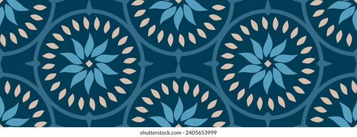 Seamless pattern of flowers and leaves in circle. Morocco blue style tile background. Perfect for printing wallpaper, wrapping paper, fabric and backdrops.
