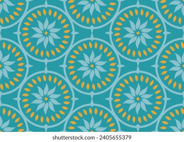 Seamless pattern of flowers and leaves in circle. Moroccan turquoise blue tile background. Perfect for printing wallpaper, wrapping paper, fabric and backdrops.