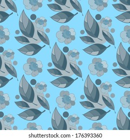 Seamless pattern of flowers, leaves and circles. Abstract graphics. Vector. 