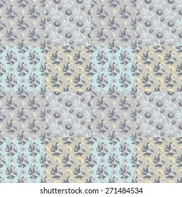 Seamless pattern of flowers, leaves and circles. Abstract graphics. 